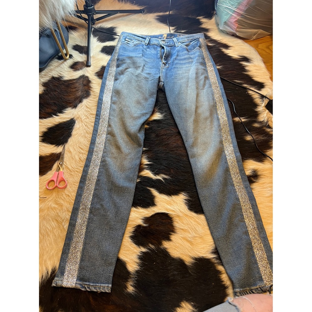 7 For All Mankind High Waist Ankle Skinny Jeans Silver Glitter Stripe Blue 28
